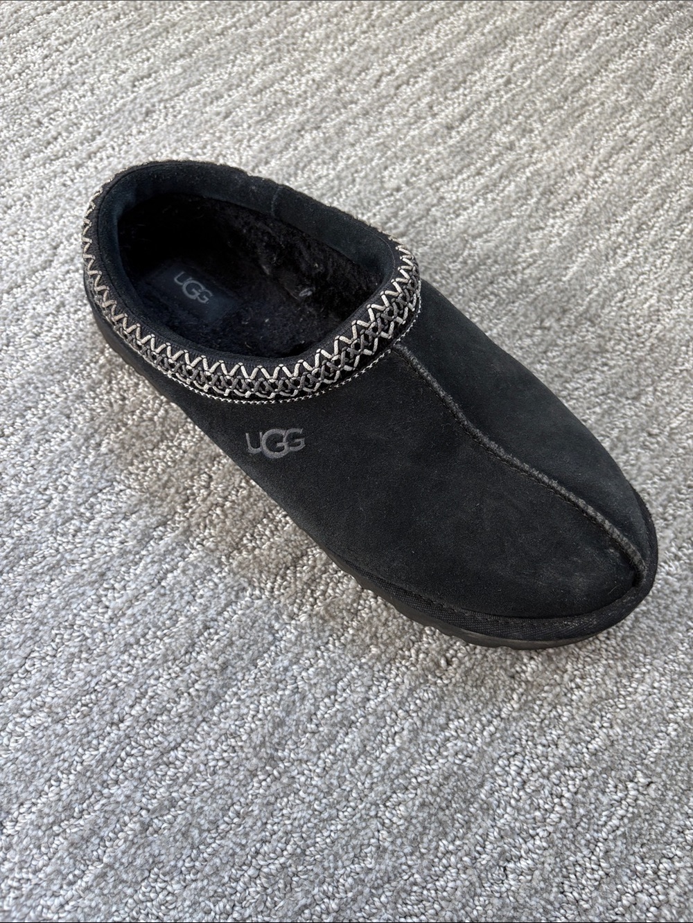 UGG Men's Black Suede Slip-On Moccasin with Contrast Stitching- one shoe